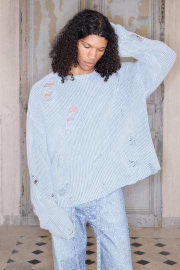 Oversized Versleten Geribbelde Gebreide Trui blue