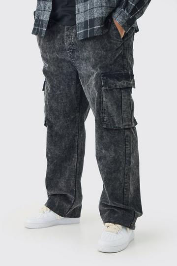 Black Plus Relaxed Acid Wash Cord Cargo Trouser