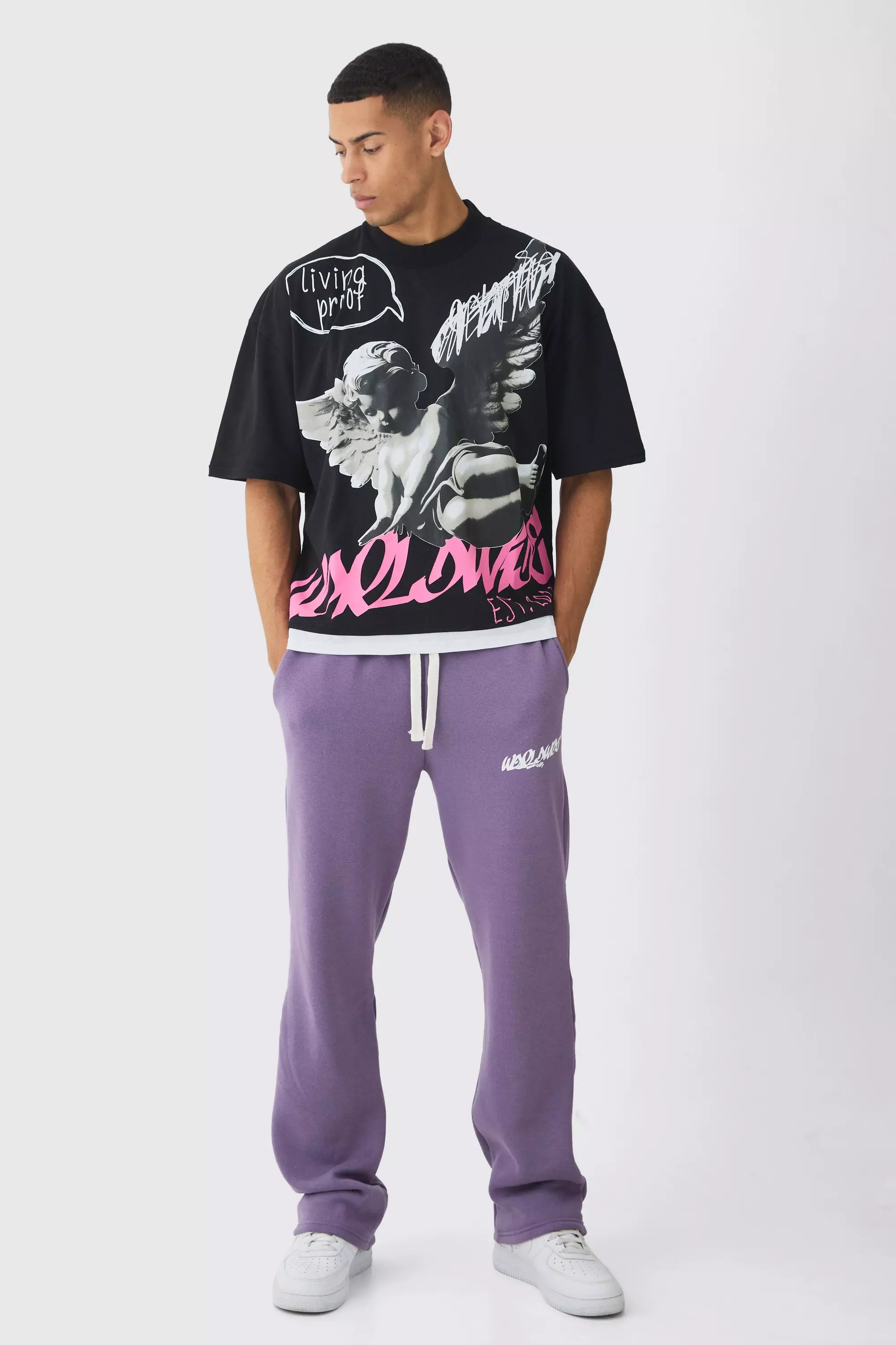 Plum Oversized Graphic Faux Layer T-Shirt And Jogger Set alternative image