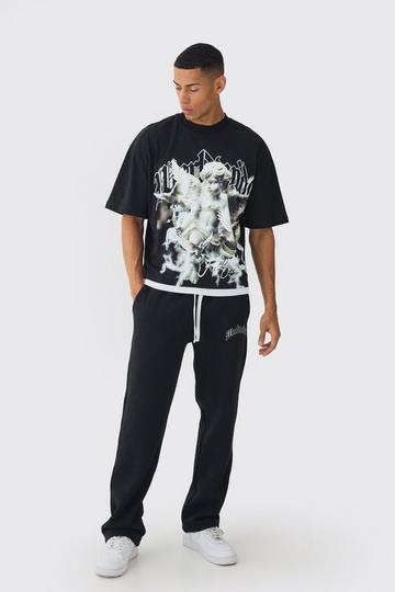 Oversized T-Shirt Met Neplaag En Joggingbroek Set black