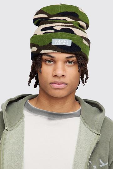 Camo Print Man Woven Tab Beanie In Green green