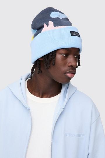 Graphic Print Beanie In Blue blue