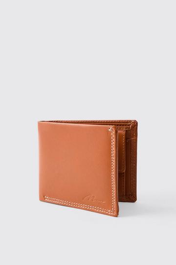 Brown Real Leather Man Signature Embossed Wallet In Brown