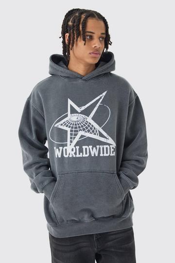 Oversized Washed Worldwide Print Hoodie charcoal