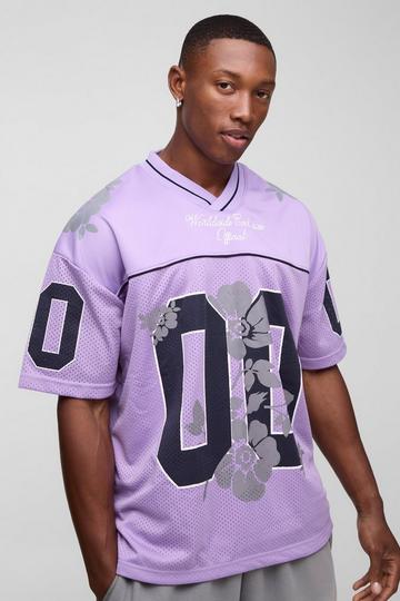 Lilac Purple Oversized V Neck Football Floral Mesh Layer T-Shirt