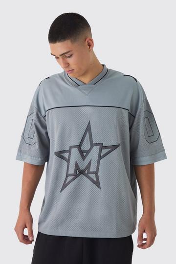 Oversized V Neck Football Official Applique Mesh Layer T-Shirt grey