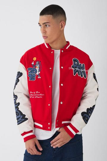 Red Boxy Worldwide Tiger Badge Varsity Jacket in Red