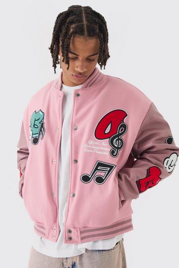 Pink Boxy OFCL Badge Varsity Jacket in Pink