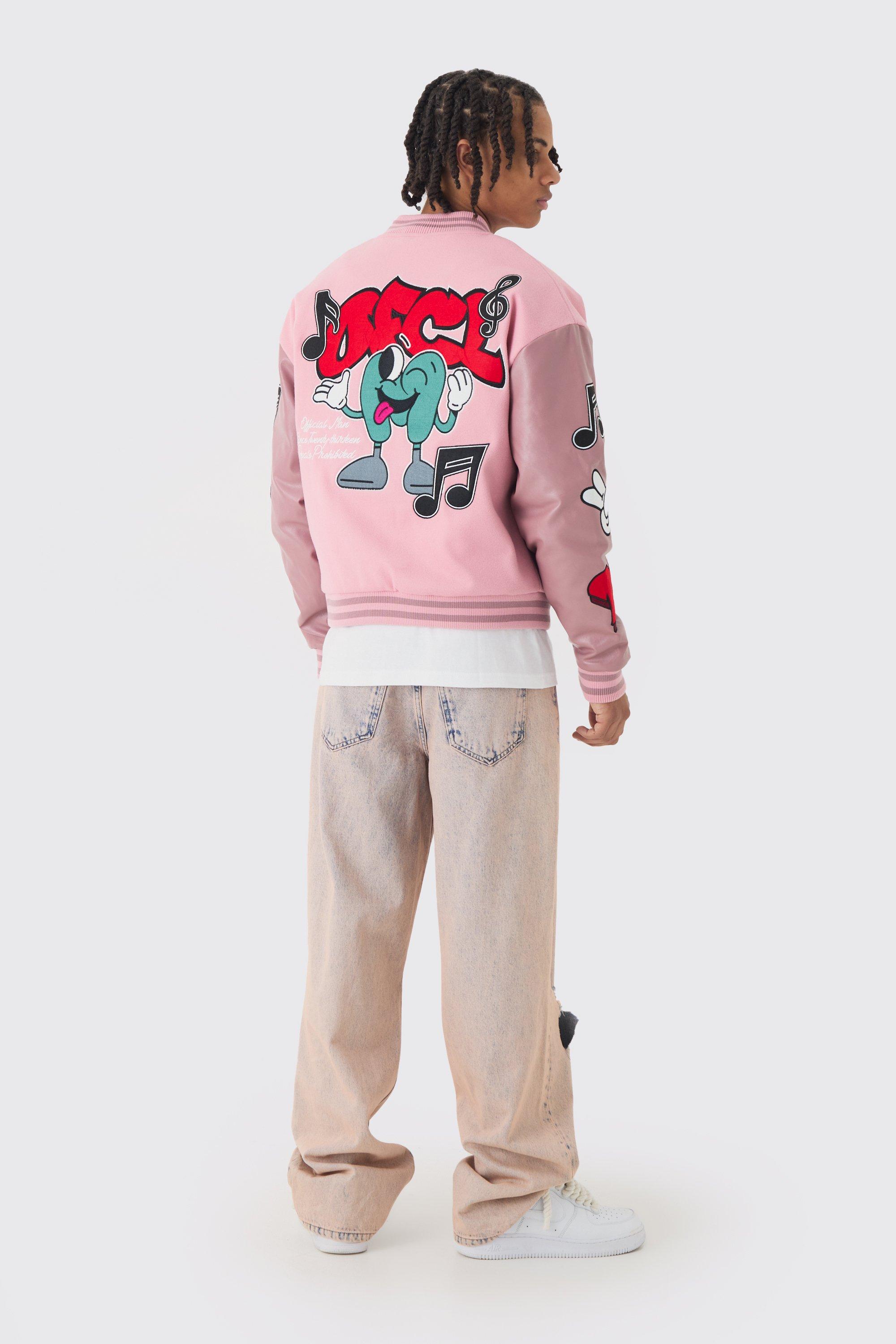 Boxy OFCL Badge Varsity Jacket in Pink | boohoo USA