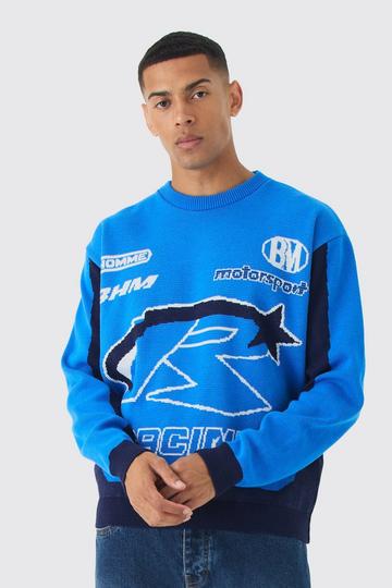 Oversized Boxy Moto Racing Knitted Jumper cobalt