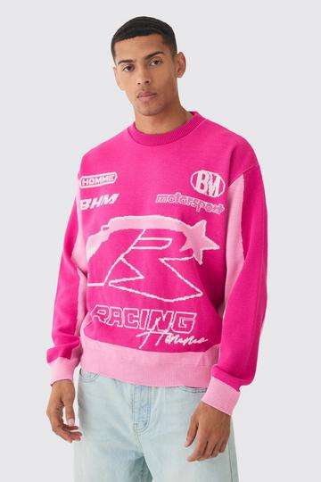 Pink Oversized Boxy Moto Racing Knitted Jumper