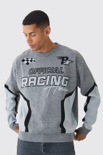 Oversized Boxy Moto Racing Knitted Jumper grey