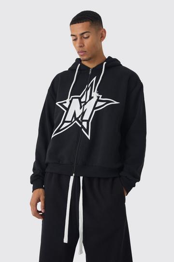 Black Oversized Boxy Rope Drawcords Varsity Zip Through Hoodie