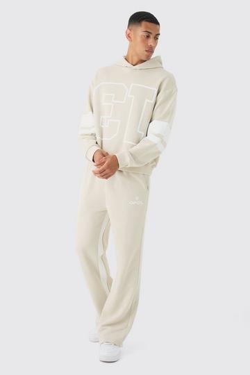 Oversized Boxy Loopback Varsity Stripe Tracksuit stone