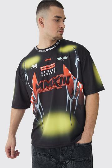 Tall Oversized Boxy Closed Mesh Graffiti Moto Jacquard T-shirt black