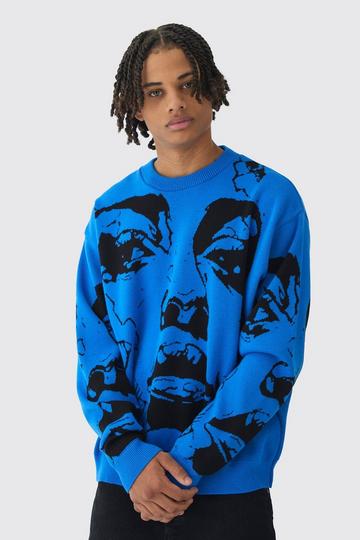 Oversized Boxy Line Face Knitted Sweater cobalt