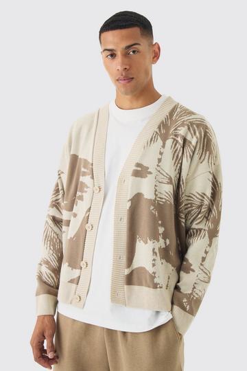 Stone Beige Oversized Boxy Tonal Scenic Drawing Knitted Cardigan