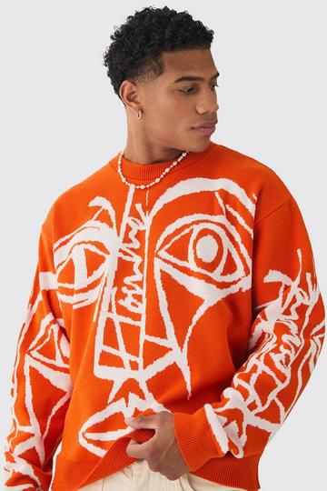 Oversized Boxy Abstract Line Face Knitted Jumper orange