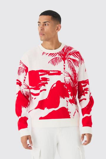 Red Oversized Boxy Tonal Scenic Drawing Knitted Jumper