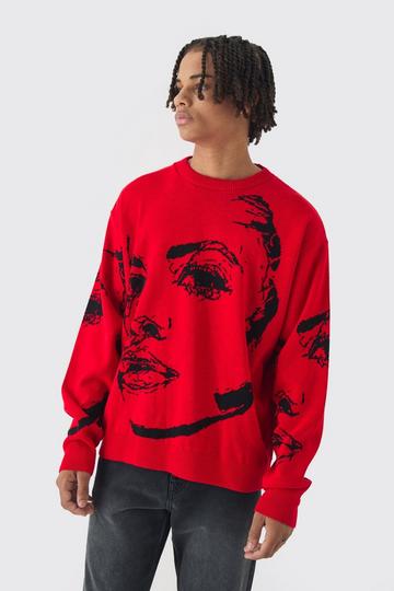 Red Oversized Boxy Line Face Knitted Jumper