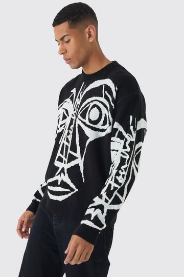 Black Oversized Boxy Abstract Line Face Knitted Jumper