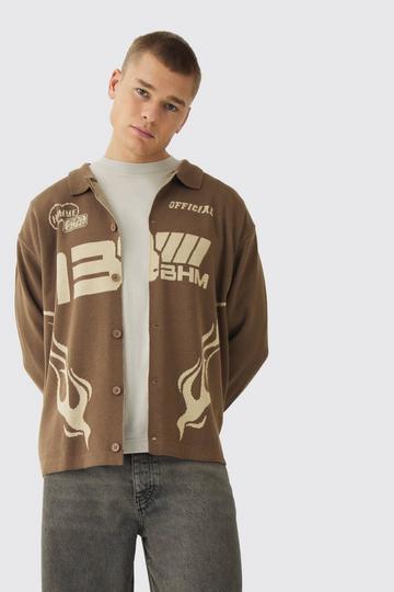 Oversized Gebreid Boxy Moto Overhemd Met Lange Mouwen taupe