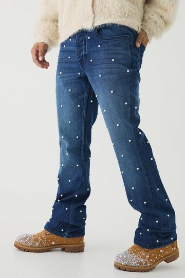 Slim Rigid Flared Pearl Embellished Jeans mid blue