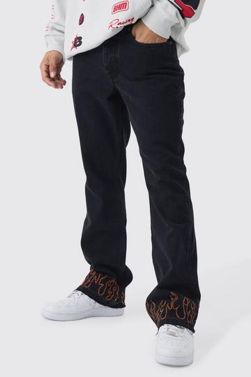 Slim Rigid Flared Flame Embroidered Jeans washed black