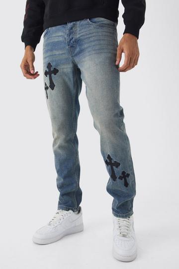 Slim Rigid Cross Embroidered Jeans antique blue