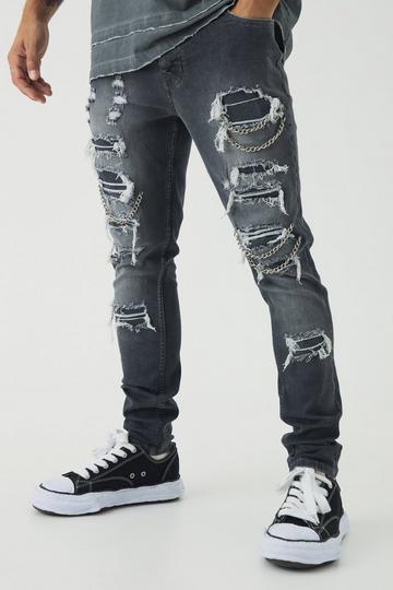 Grey Skinny Stretch Ripped Chain Jeans