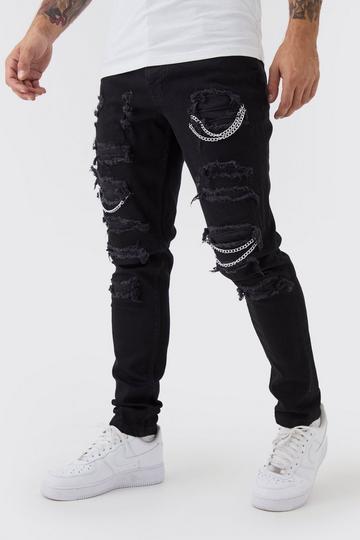 Skinny Stretch Ripped Chain Jeans black