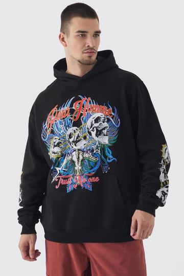 Tall Pour Homme Skull Print Oversized Hoodie in Black black