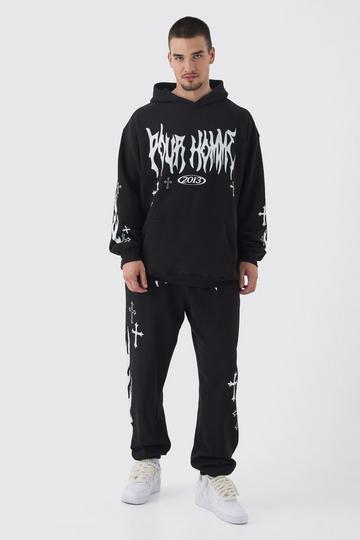 Tall Pour Homme Cross Print Oversized Tracksuit in Black black