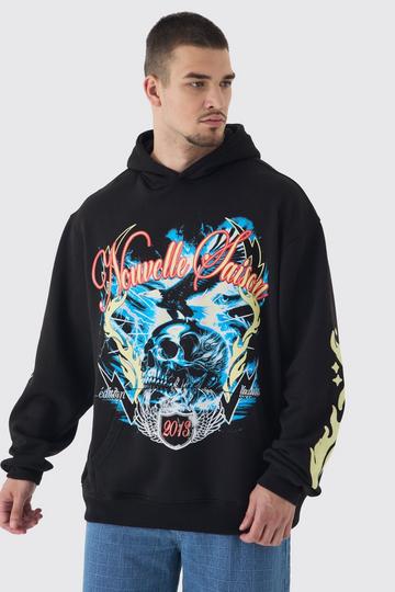 Tall Skull Flame Print Oversized Hoodie in Black black