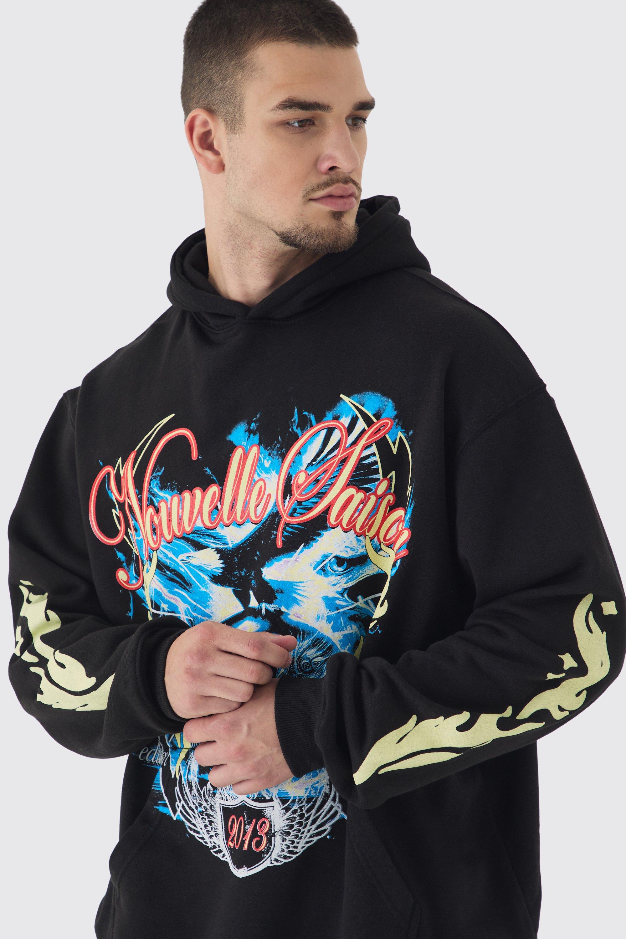 Tall Skull Flame Print Oversized Hoodie in Black boohoo