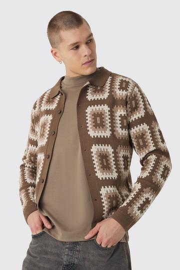 Crochet Long Sleeve Knitted Overshirt brown