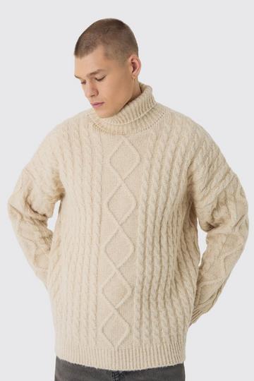 Oversized Chunky Cable Knit Roll Neck Jumper stone