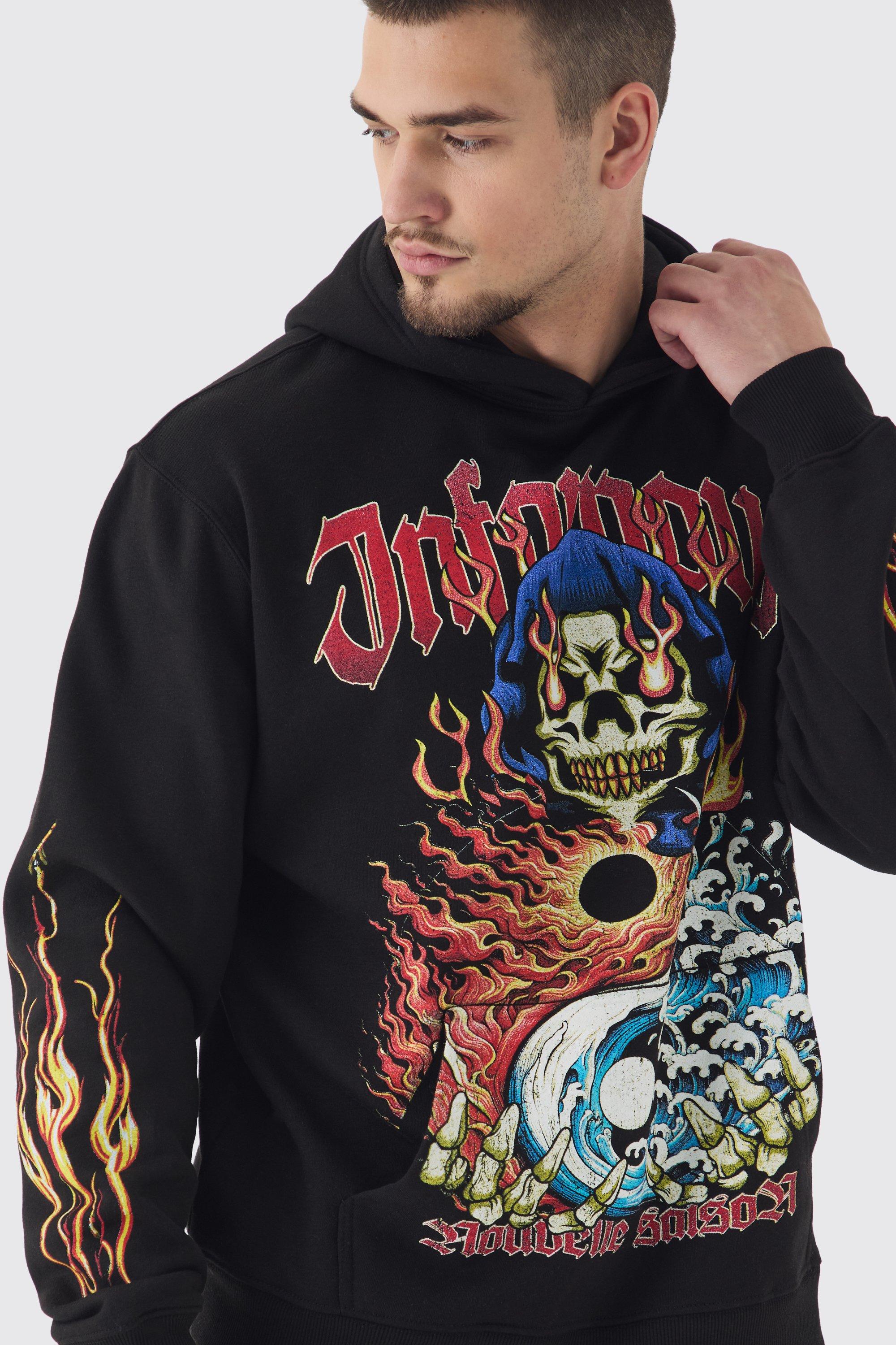 Felpa Tall oversize nera con stampa di fiamme e cappuccio