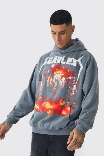 Tall Fearless Print Oversized Washed Hoodie in Charcoal charcoal