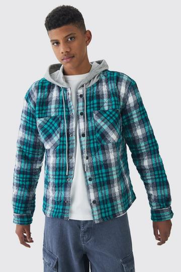 Tall Jersey Homme Hood Padded Checked Overshirt dark green