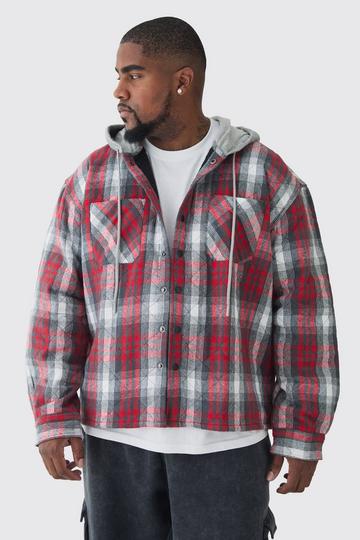 Plus Back Print Jersey Hood Padded Checked Overshirt red