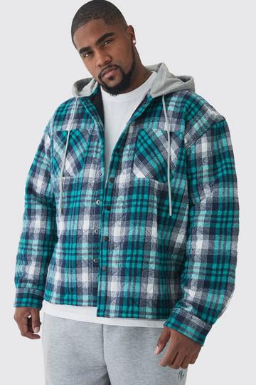 Plus Jersey Homme Hood Padded Checked Overshirt dark green