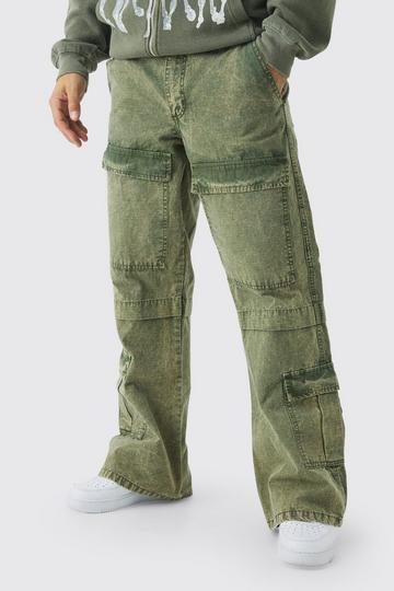 Relaxed Flared Oil Wash Ripstop Cargo Trousers khaki