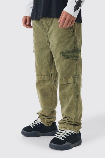 Elasticated Relaxed Stacked Oil Wash Ripstop Cargo Trousers khaki