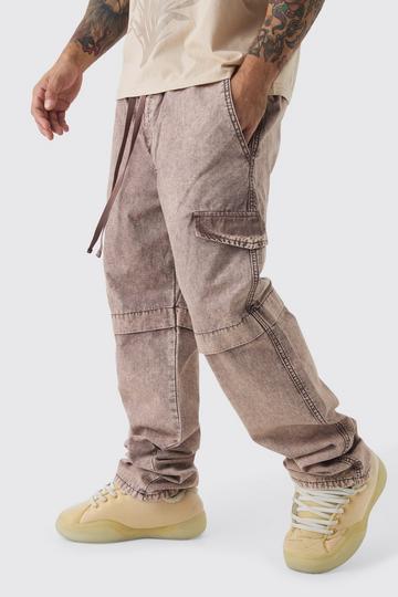 Elasticated Waist Relaxed Stacked Oil Wash Ripstop Cargo Trousers chocolate