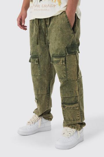 Khaki Elasticated Skate Fit Oil Wash Ripstop Cargo Trousers