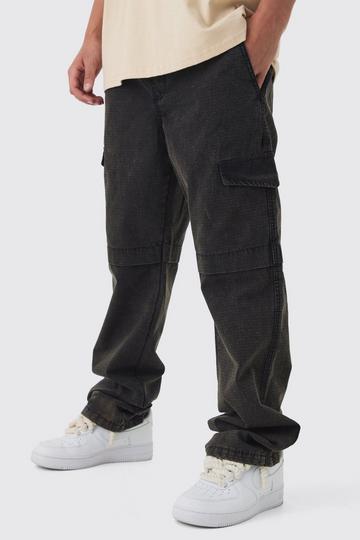 Elasticated Relaxed Stacked Oil Wash Ripstop Cargo Trousers black