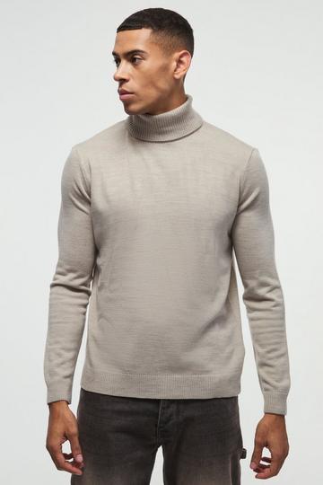 Beige Long Sleeve Roll Neck Jumper In Stone