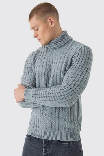 Grey Long Sleeve Cable Knit Roll Neck Jumper In Grey