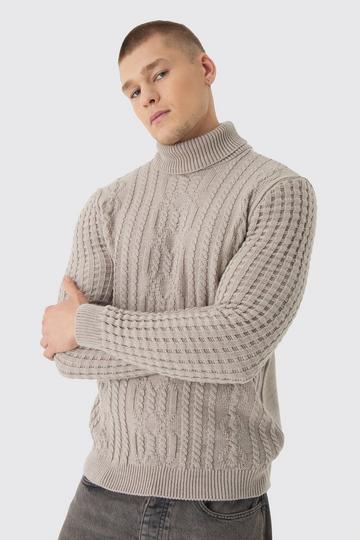 Long Sleeve Cable Knit Roll Neck Jumper In Stone stone